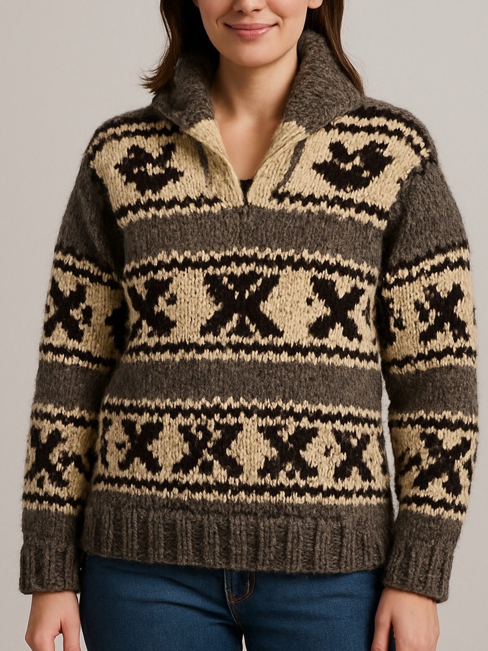 HANDKNIT vintage Cowichan style wool pullover sweater shawl collar grey brown sm